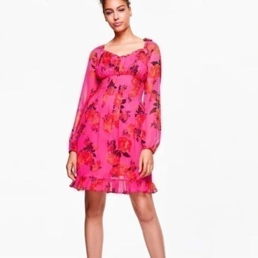 Betsey Johnson Smocked Hot Pink Floral Babydoll Mini Dress w/ Long Sleeves Sz 6 - Picture 3 of 8